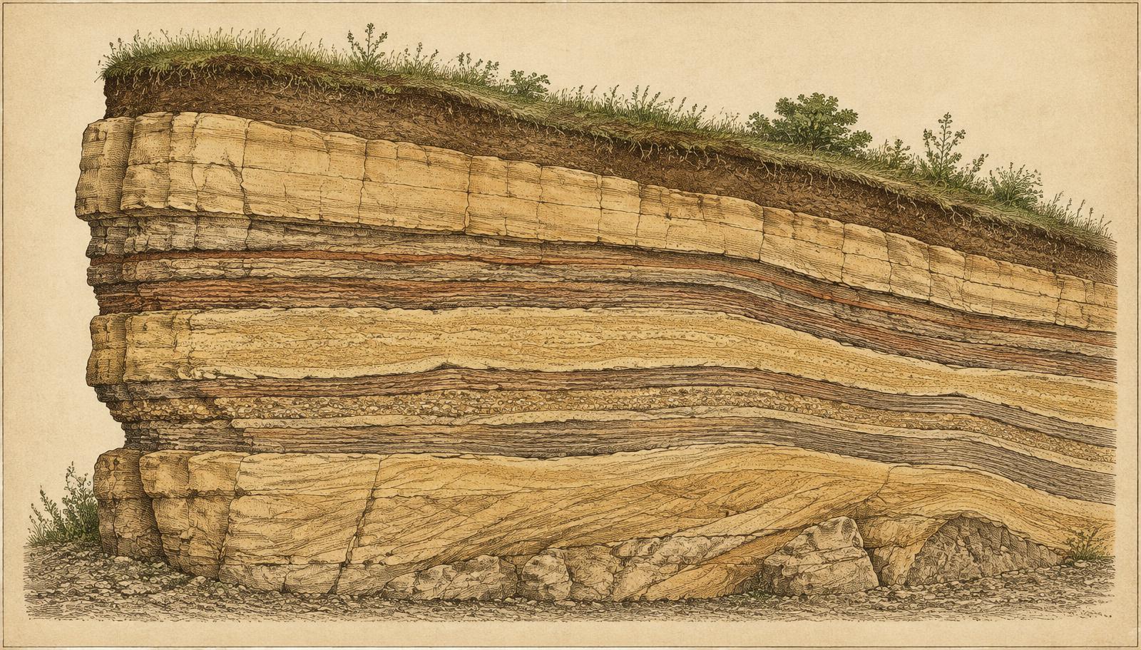 Illustrated cross-section of layered sandstone